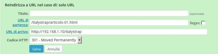 Redirection configurazione solo URL