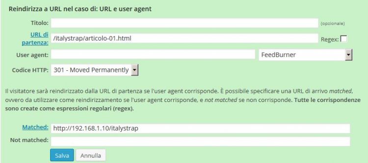 Redirection impostazioni URL e user agent